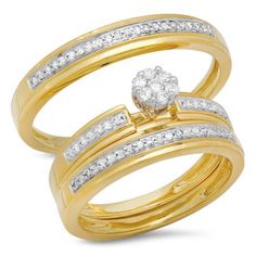 two gold wedding rings with diamonds on each one and an engagement ring in the other