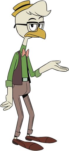 an image of a cartoon character with glasses and a bird on his shoulder, pointing at something