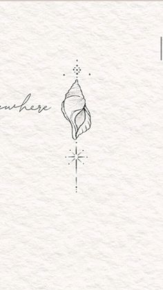 an ink drawing of a sea shell with the word somewhere written in cursive writing