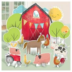 paper farm animals are standing in front of a barn