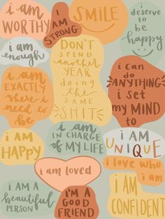 the words are written in different colors and shapes, including one that says i am sorry