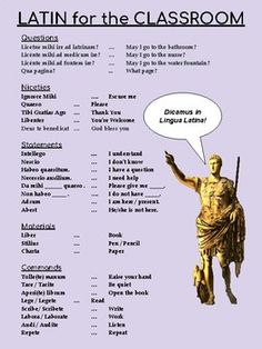 1 page with common statements, phrases, questions, commands and classroom materials in Latin with English. Perfect for the beginner or intermediate Latin classroom! Includes material such as.. - May I go to the bathroom? - I do not have ____. - I need help. - Open your book. - Thank you- Raise your hand. - What does ____ mean? - How do you say____? - I am here. AND MANY MORE! Like what you see? You may be interested to know that this page is just 1 of multiple similar printouts available in my o Learn Latin For Beginners, Latin Phrases And Meanings, Latin For Beginners, Ancient Rome Activity, Latin Language Learning, Classroom Phrases, Latin Classroom, Classroom Vocabulary, Learn Latin