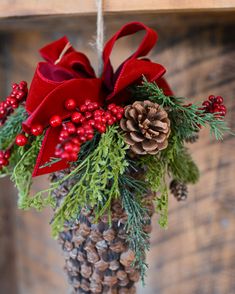 a pine cone with red ribbon and evergreen cones hanging from it's centerpiece