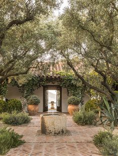 an outdoor courtyard with trees, plants and a water fountain in the center surrounded by brick pavers