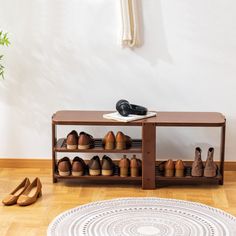 there is a shoe rack with shoes on the floor next to it and a potted plant