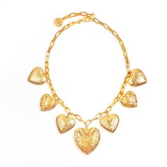 Shop the Henri Necklace from our Amaranthine collection, a 24K gold plated chain necklace with multiple heart pendants and lockets. This beautiful gift is perfect for your loved ones or as a special treat to yourself. All our jewelry is handcrafted in NYC. Gold Heart Charm Choker Necklace, Gold Choker Necklace With Heart Charm, Luxe Jewelry, Gold Link Chain, Heart Locket Necklace, Holiday Gift Sets, Jewelry Lookbook, 24kt Gold, City Design