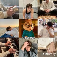 a collage of photos with people playing chess, and the words simon boy on them