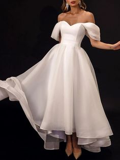 Short Bishop Sleeve Wedding Dress, Simple Civil Wedding Dress Short, Short Wedding Dresses Winter, Mid Length Wedding Dress Off The Shoulder, Knee Length White Reception Dress, Short Weddin Dress, 1950s Dress Wedding, Romantic Short Wedding Dresses, Ciry Hall Wedding Dress