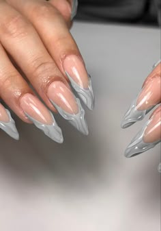 Chrome Nails Line Designs, Different Nails On Each Hand, Gray French Nails, Shell Gel Nails, 3d French Tip Nails, Dope Nails Almond, Chrome Nails Ombre, Almondretto Nails, 3d Chrome Nails