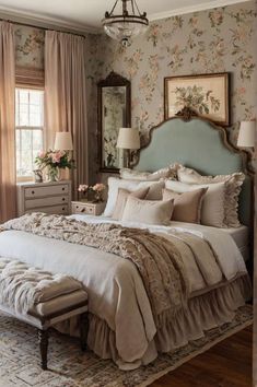 a large bed sitting in a bedroom next to a window with flowers on the wall