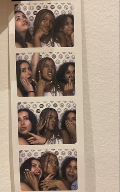 four different pictures of women laughing and having fun in the photo booth at a party