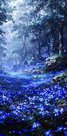 a painting of blue flowers in a forest with trees and rocks on the ground, all lit up by bright lights