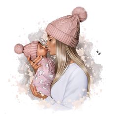 a painting of a woman holding a baby wearing a pink pom - pom hat