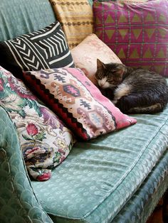 a cat laying on top of pillows on a couch