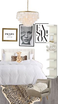 a bedroom with white walls and pictures on the wall, including an animal print rug