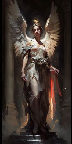 an angel standing in front of a pillar