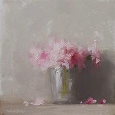 a painting of pink flowers in a silver vase