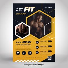 a yellow and black gym flyer with an image of a man