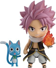 an action figure next to a cat figurine on a white background with a red flame in its hand