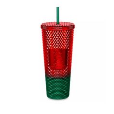 a red and green cup with a straw in it