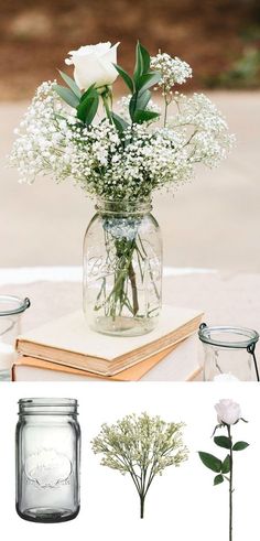 there are some flowers in a jar on the table