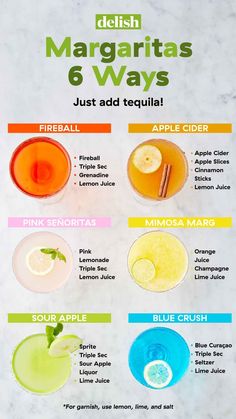 the ingredients for margaritas are shown in different colors