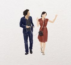 two people standing next to each other in front of a white wall with watercolor paint