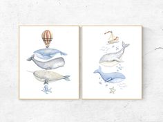 two watercolor paintings of whales and other animals with hot air balloons in the sky