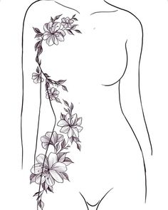 a woman's back with flowers and leaves on her body, drawn in black ink