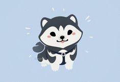 a cartoon husky dog wearing a black and white shirt with his head tilted to the side