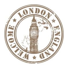 london stamp with the big ben clock tower and stars in brown on a white background