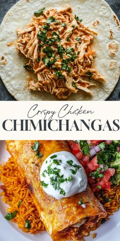 mexican food is shown with the words crispy chicken and cilanhangas on it