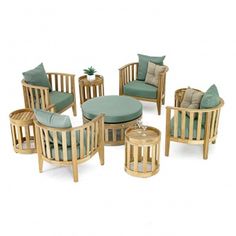 a set of wooden furniture with cushions and pillows on it's sides, including chairs and tables