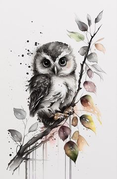 an owl is sitting on a branch with leaves and watercolor paint splats