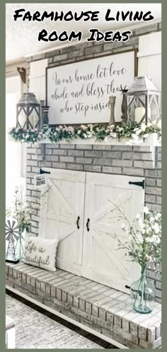 a brick fireplace with white flowers and greenery