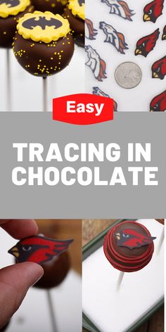 the words easy tracing in chocolate on top of pictures of decorated cookies and pastries