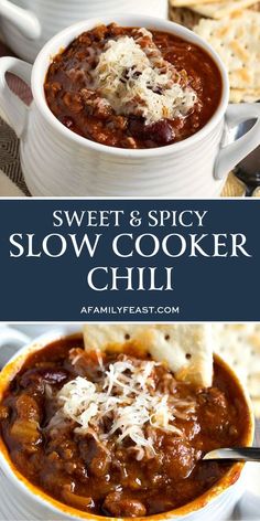 two bowls of slow cooker chili with cheese and pita bread on the side