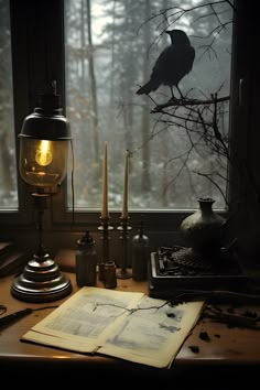 Dark academia vintage work desk with books, papers, vintage light, candles, autumn decorations, and crow outside Dark Academia Window Aesthetic, Gothic Office Desk, Old Dark Aesthetic, Dark Academia Environment, Vintage Lifestyle Aesthetic, Book Aesthetic Vintage Dark, Old House Aesthetic Dark, Dark Academia Lighting, Office Aesthetic Dark