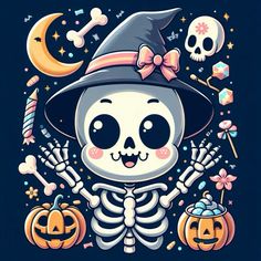 a skeleton wearing a witches hat and holding a pumpkin