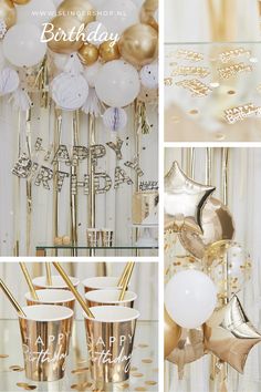 gold and white birthday party decorations