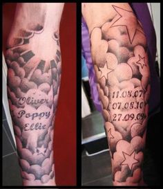 two different tattoos on the arms of people with words and stars in them, one is black and white