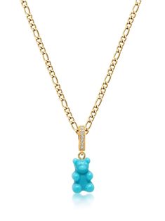 turquoise stone gold plated polished finish figaro-link chain crystal embellishment Gummy Bear pendant Nialaya Jewelry is pleased to offer free repairs on purchases for one year from purchase date. Hypoallergenic Yellow Gold-plated Charm Necklace, Gummybear Necklace, Gummy Bear Necklace, Teddy Bear Necklace Jewelry, Teddy Bear Necklace Gold, Gummy Bear, Bear Pendant, Stone Gold, Fine Jewelry Bracelets