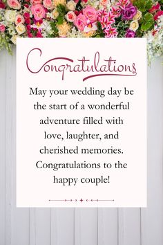 congratulations card for the bride and groom on their wedding day, with flowers around it