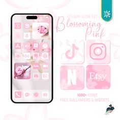 an iphone with pink flowers and icons on it