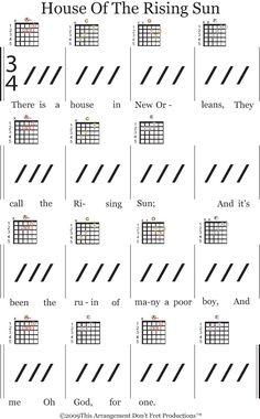 the guitar chords for house of the rising sun are shown in black and white, with red