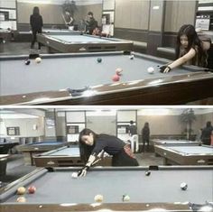 two pictures of people playing pool in an office building, one is bending over to pick up the ball