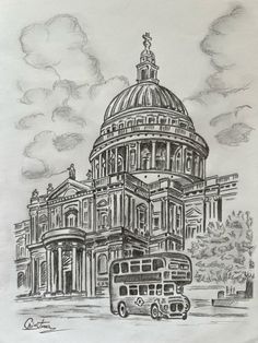 a drawing of the capital building in washington d c, with two double decker buses