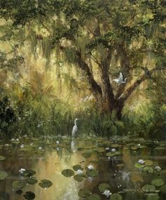 two white birds sitting on top of a tree next to a pond filled with lily pads