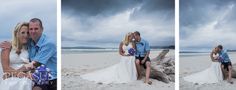 a man and woman sitting on top of a tree stump at the beach with storm clouds in the background