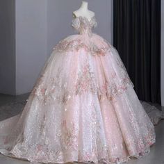 Exquisite Pink Wedding Dresses Strapless Long Tail Beading Princess Bridal Gowns.  "This pin contains affiliate links, which means I may earn a commission at no cost to you extra for you".   #affiliate #advertising" Elaborate Ball Gowns, Long Ball Gown Dresses, Big Fancy Dresses Gowns, Regency Ball Gown Pink, Big Pink Wedding Dress, Wedding Dress With Pink Underneath, White And Pink Prom Dress, Pink Sparkly Wedding Dress, Princess Ball Gown Wedding Dress